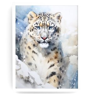 Watercolor Snow Leopard Portrait Wall Art Illustration Print Poster Unframed
